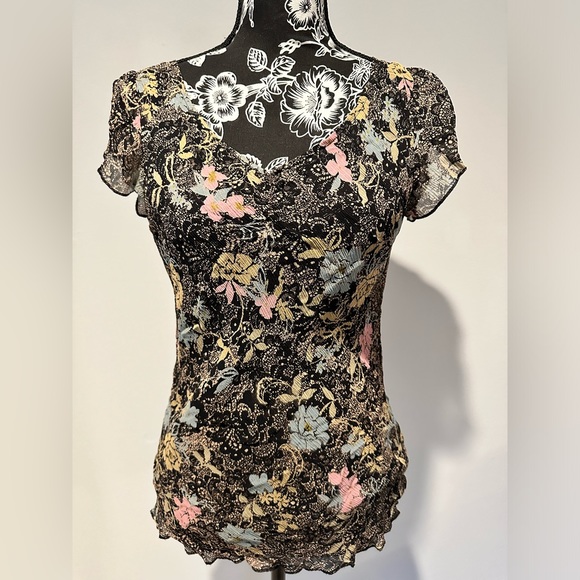 Vintage Context black floral silk petite top - Picture 1 of 7
